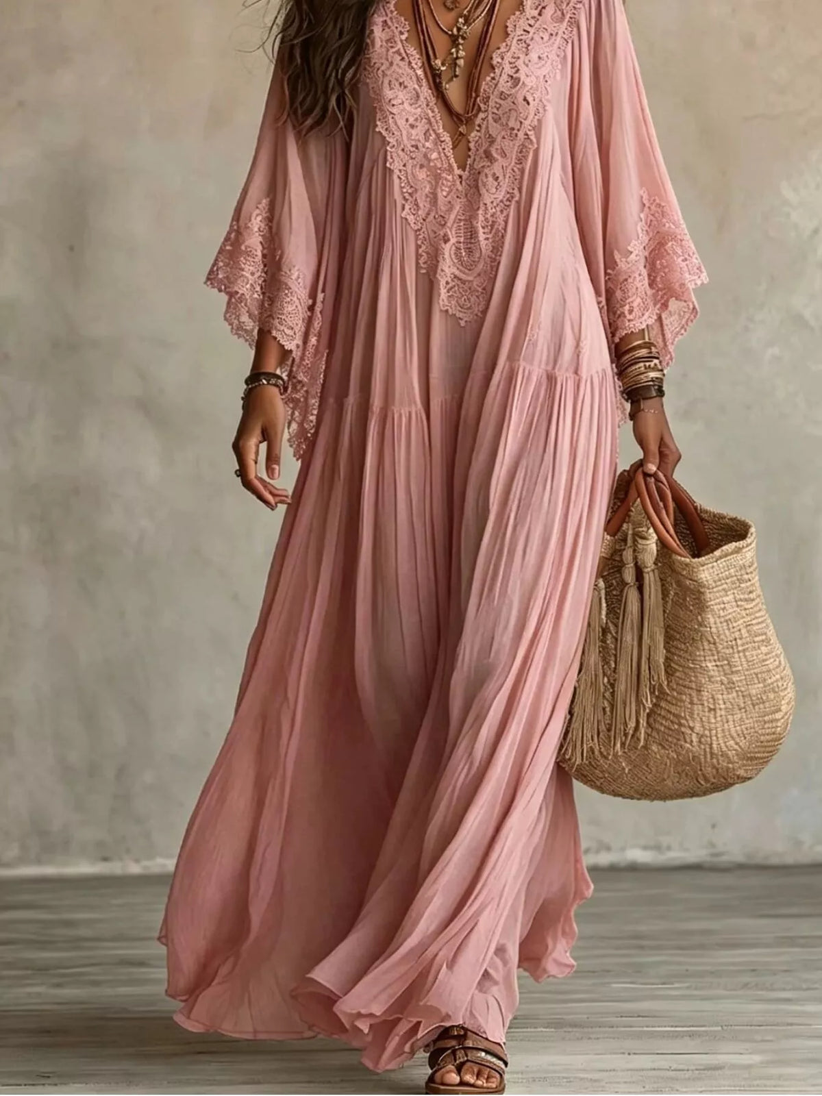 Lace Trim Tiered V-Neck Maxi Dress – photo 4