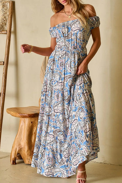 Boho Paisley Print Off-Shoulder Maxi Dress in Dusty Blue