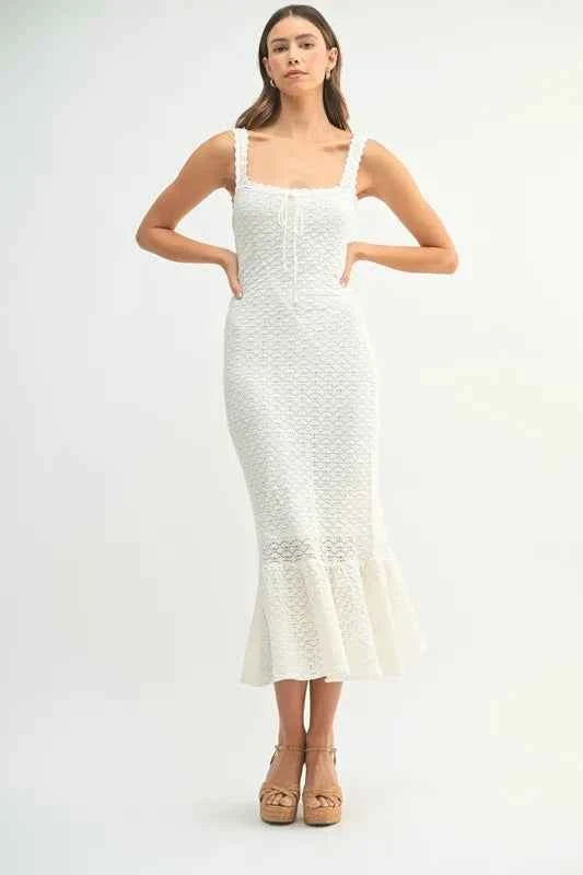 MABLE Ruffled Hem Sleeveless Crochet Knit Midi Dress