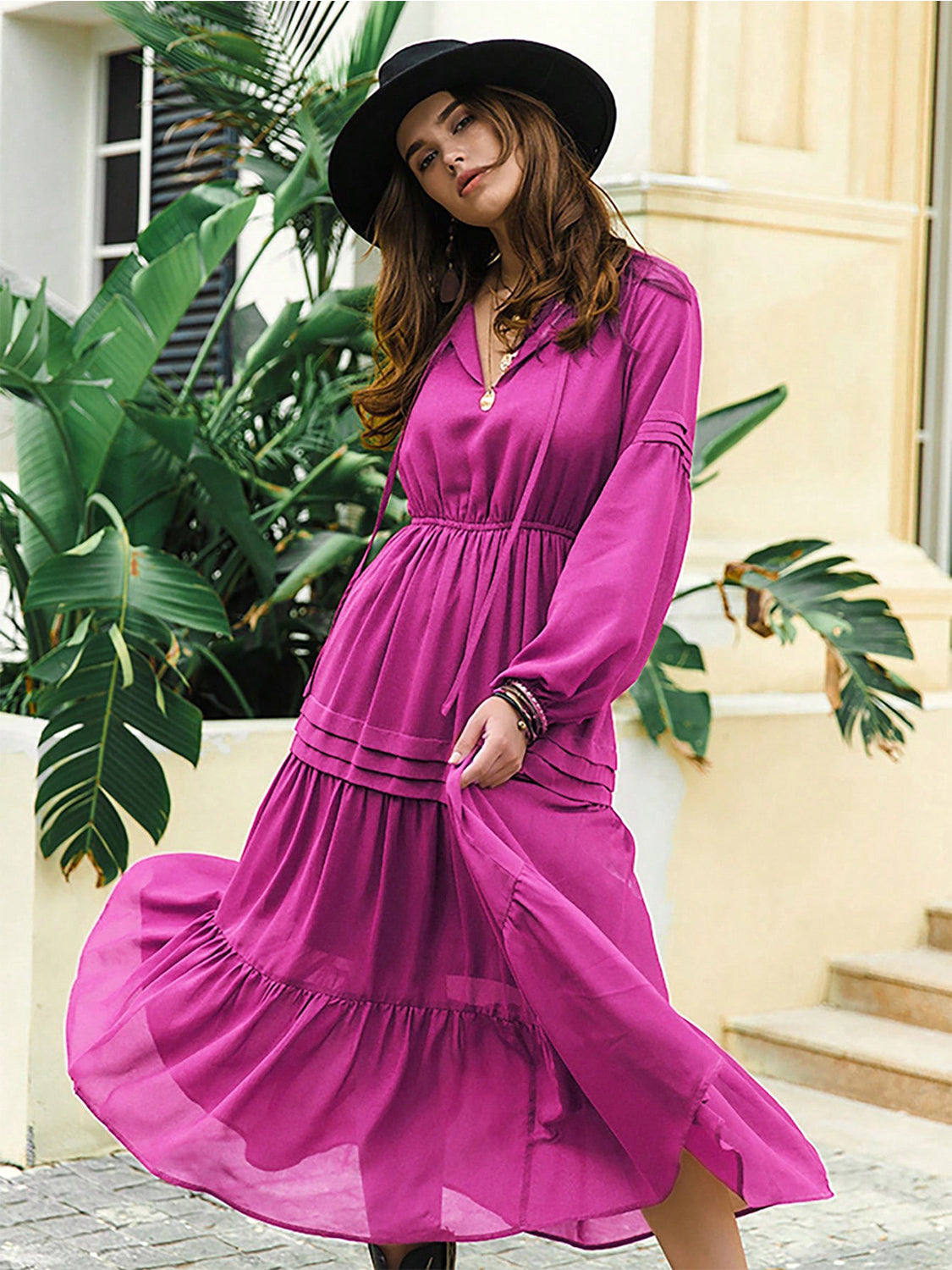 Tie Neck Long Sleeve Tiered Midi Dress – photo 7