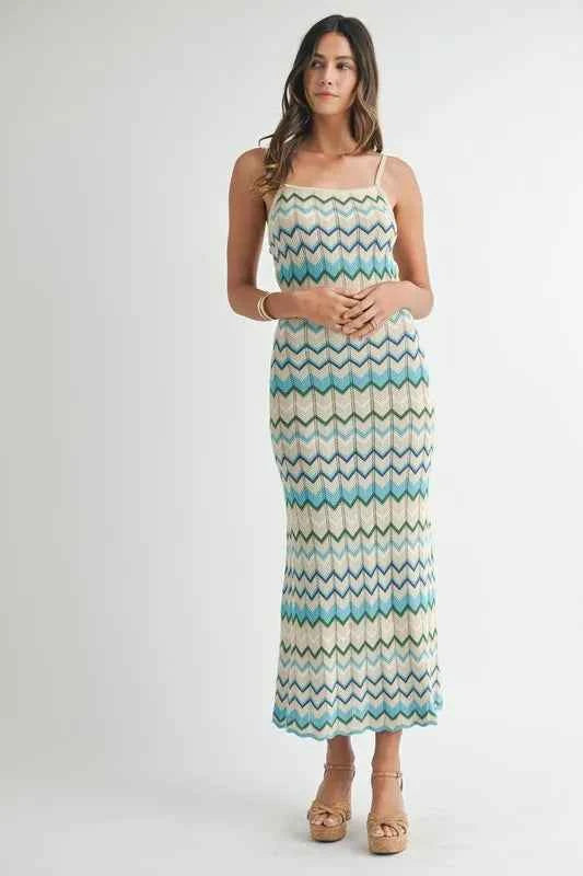 MABLE Lightweight Pointelle Chevron Knit Maxi Dress