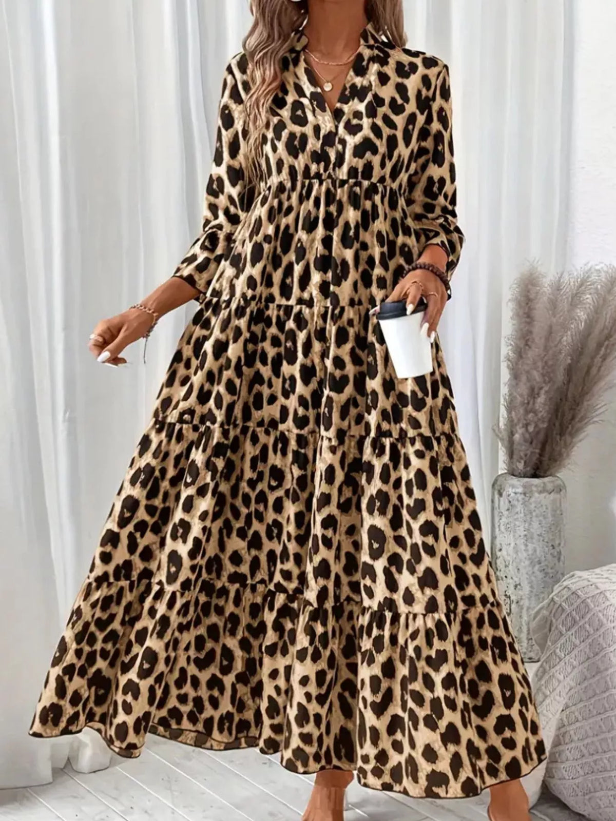 Leopard 3/4 Sleeve Ruched Midi Dress in Rust Color