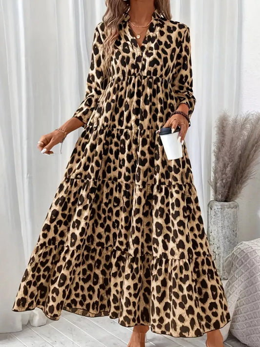 Leopard 3/4 Sleeve Ruched Midi Dress in Rust Color