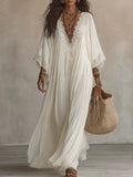 Lace Trim Tiered V-Neck Maxi Dress in White