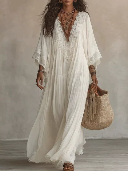 Lace Trim Tiered V-Neck Maxi Dress in White