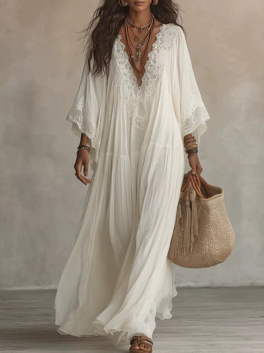 Lace Trim Tiered V-Neck Maxi Dress in White