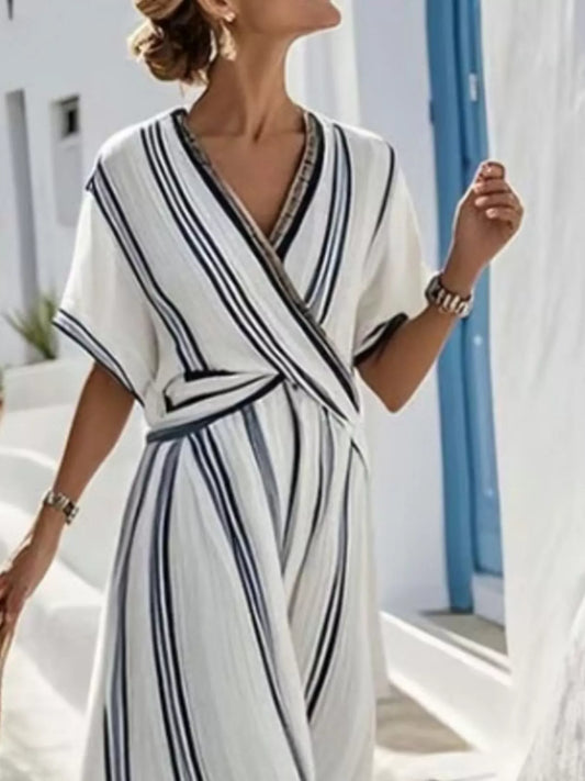 Striped Surplice Half Sleeve Midi Dress – Plus Size