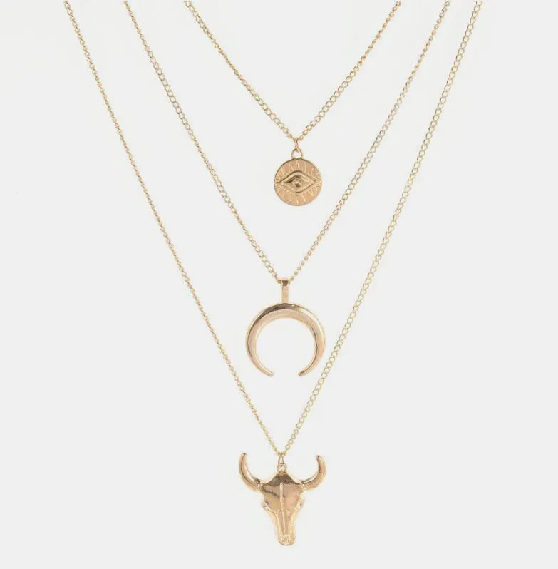 Alloy Three-Layered Bull Head Pendant Necklace — Livostyle