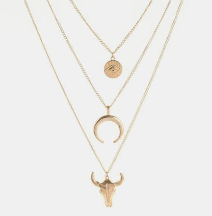 Alloy Three-Layered Bull Head Pendant Necklace — Livostyle