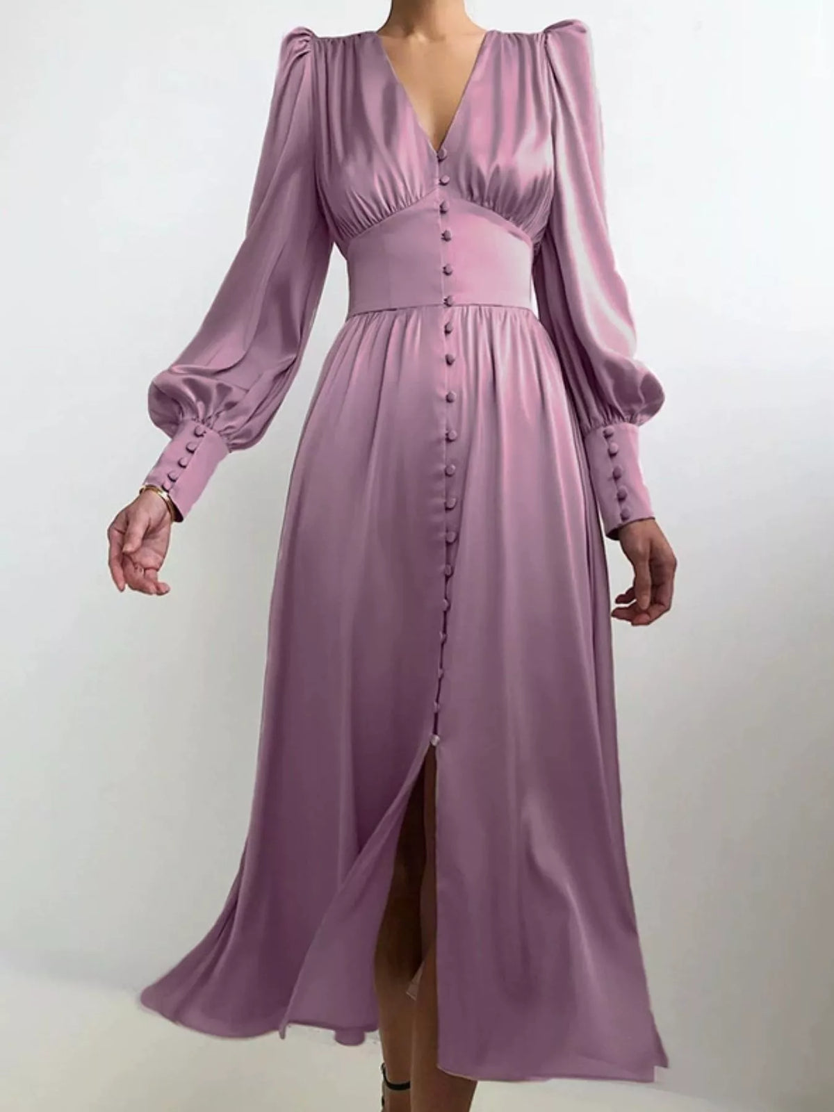 V-Neck Puff Sleeve Button-Down Midi Dress in Purple