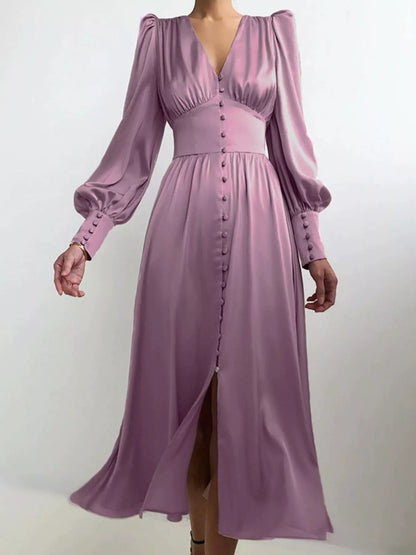 V-Neck Puff Sleeve Button-Down Midi Dress in Purple