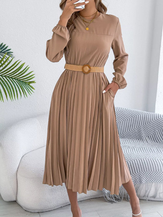 Pleated A-Line Midi Dress with Pockets in Khaki