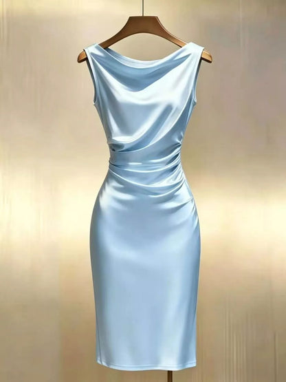 Satin Cowl Neck Ruched Sleeveless Dress