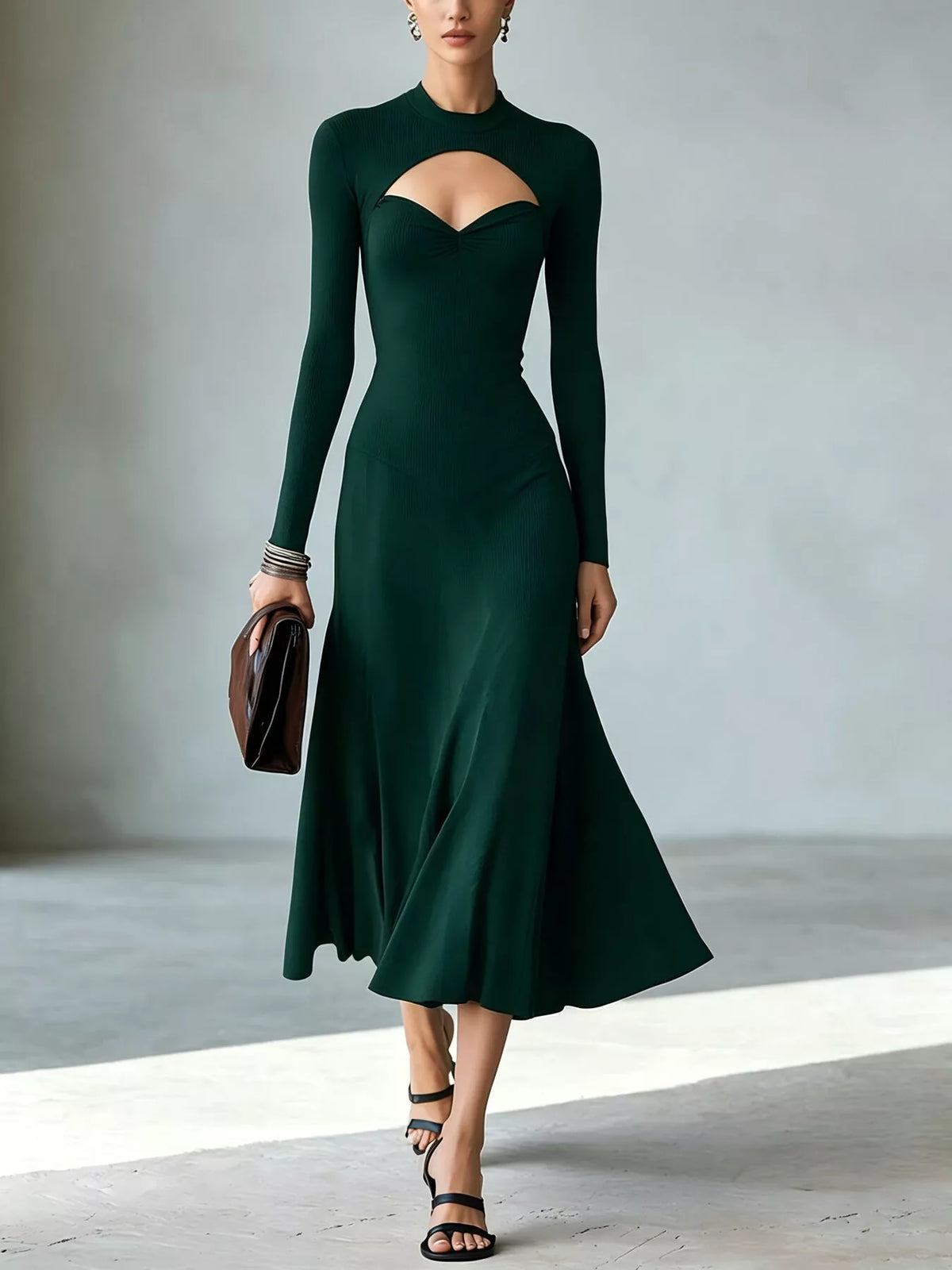 Mock Neck Cut-Out Long Sleeve Midi Dress – Plus Size in Dark Green