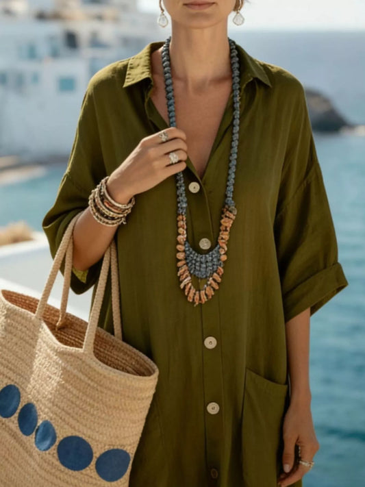 Button-Front 3/4 Sleeve Maxi Dress with Pockets