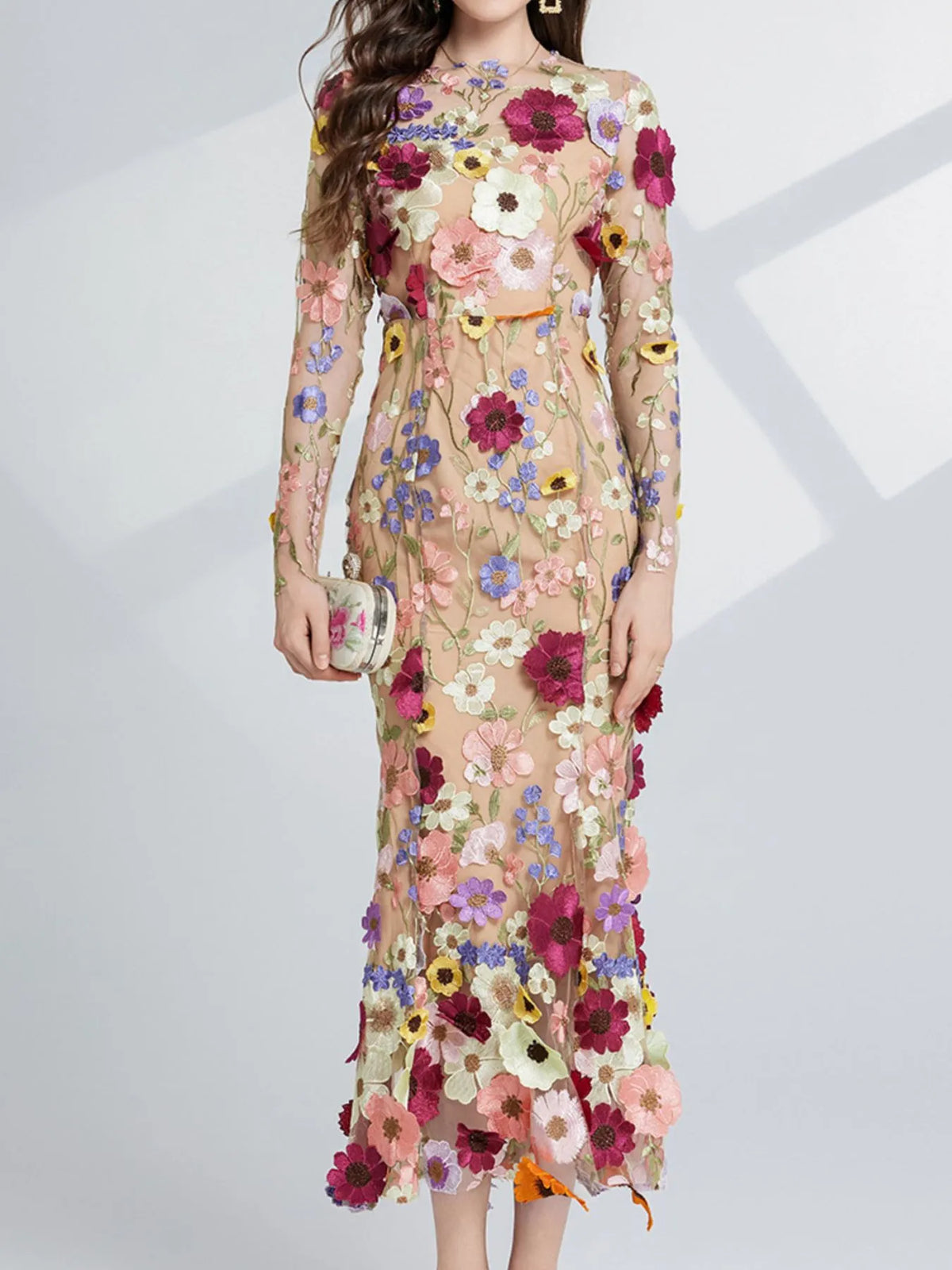 Floral Embroidered Mesh Long Sleeve Tiered Midi Dress