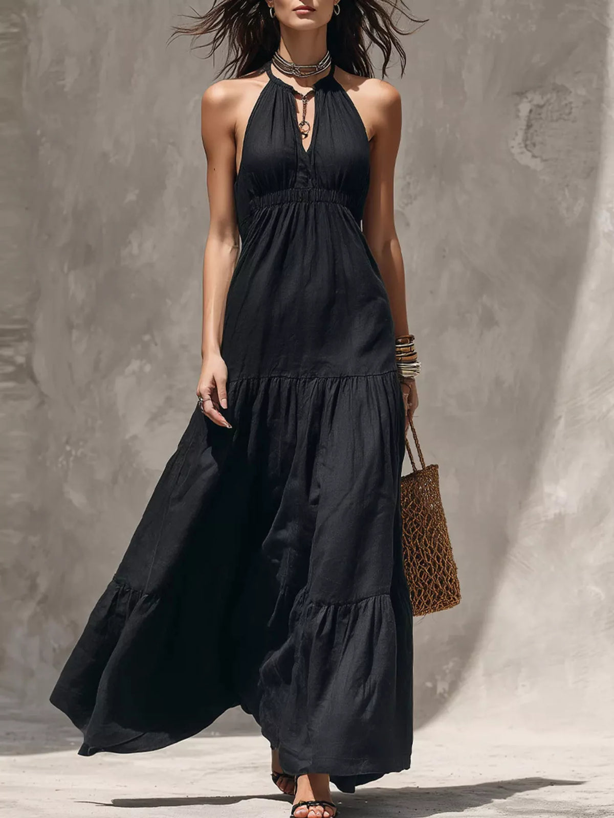 Sleeveless Tiered Smocked Maxi Dress in Black
