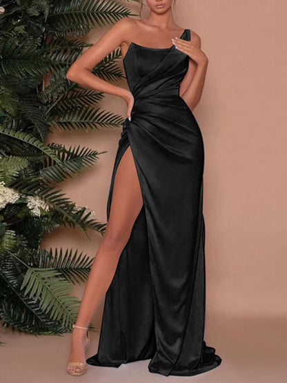 One-Shoulder Lined Satin Maxi Dress with High Slit in Black
