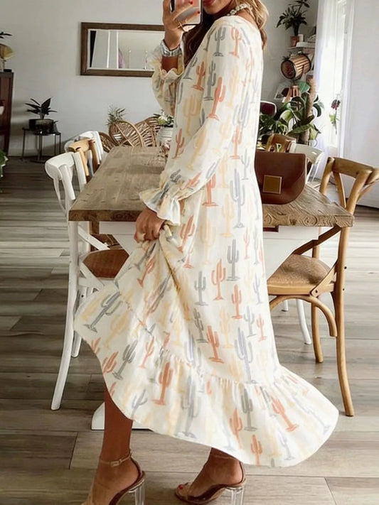 Beige V-Neck Flounce Sleeve Dress – photo 2