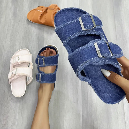 Raw Hem Open Toe Double Buckle Sandals — Livostyle