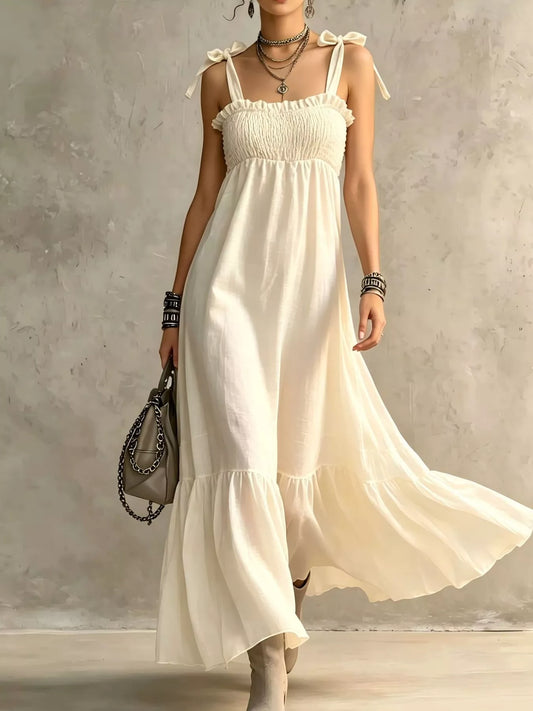 Smocked Tie-Shoulder Ruffle Maxi Dress in Beige