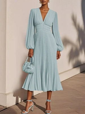 Pleated V-Neck Chiffon Midi Dress in Turquoise