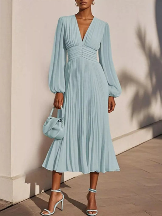Pleated V-Neck Chiffon Midi Dress in Turquoise
