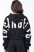 Cropped Graphic Hoodie with Adjustable Drawstring in Black