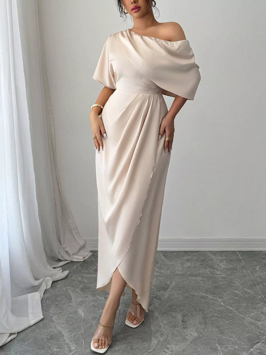 One-Shoulder Ruched Satin Maxi Dress with Zipper