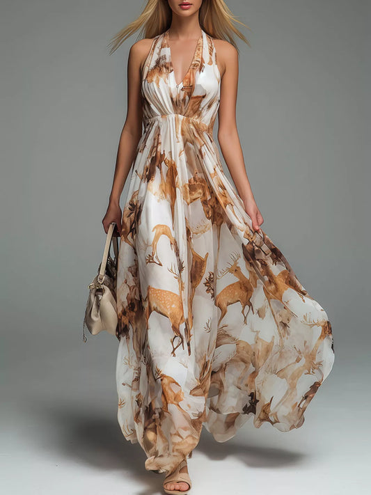 Halter Neck Printed Flowy Maxi Dress with Ruched Detail in Caramel