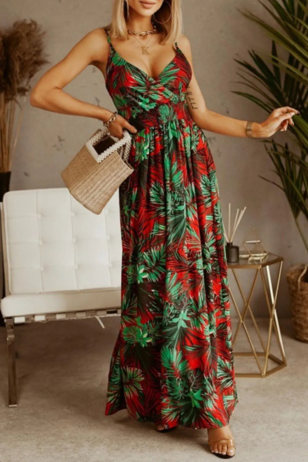 Printed Smocked Ruched Spaghetti Strap Maxi Dress – photo 19