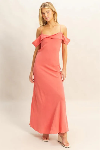 Cami Maxi Dress with Asymmetrical Ruffle Detail in Pink