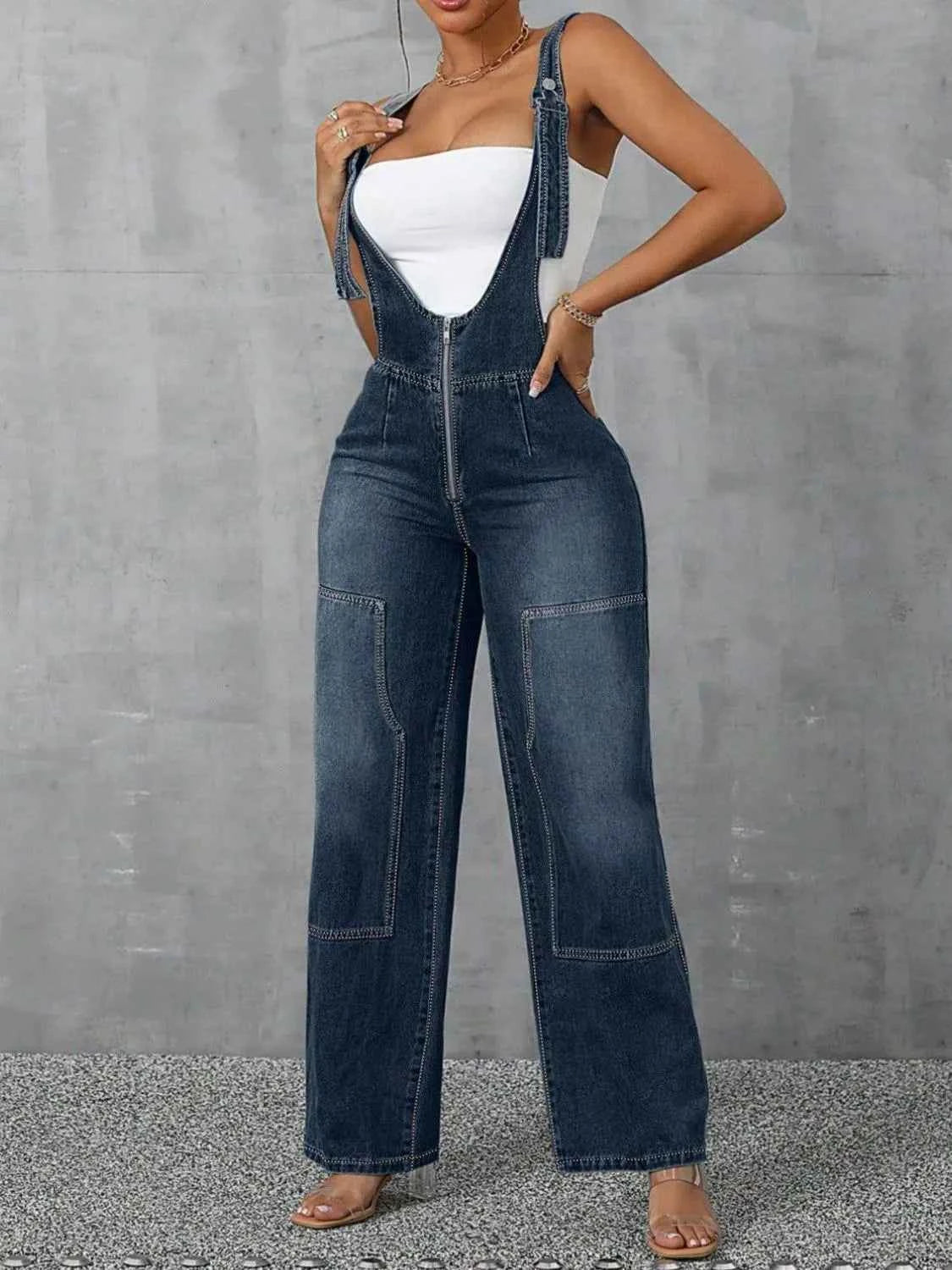Zip Front Wide Strap Denim Overalls