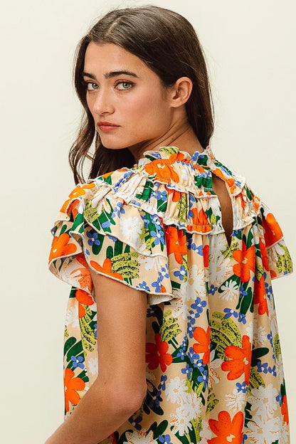 Floral Print Woven Top with Ruffled Detailing and Tiered Design