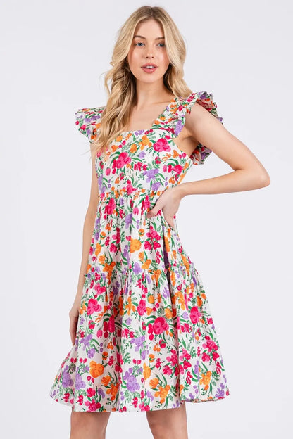 Flower Print Ruffle Shoulder A-line Mini Dress — Livostyle