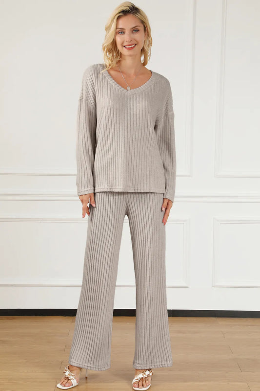 Ribbed V-Neck Top and Pants Lounge Set — Livostyle