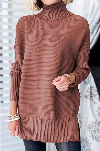Ribbed Turtleneck Dropped Shoulder Pullover Sweater — Livostyle