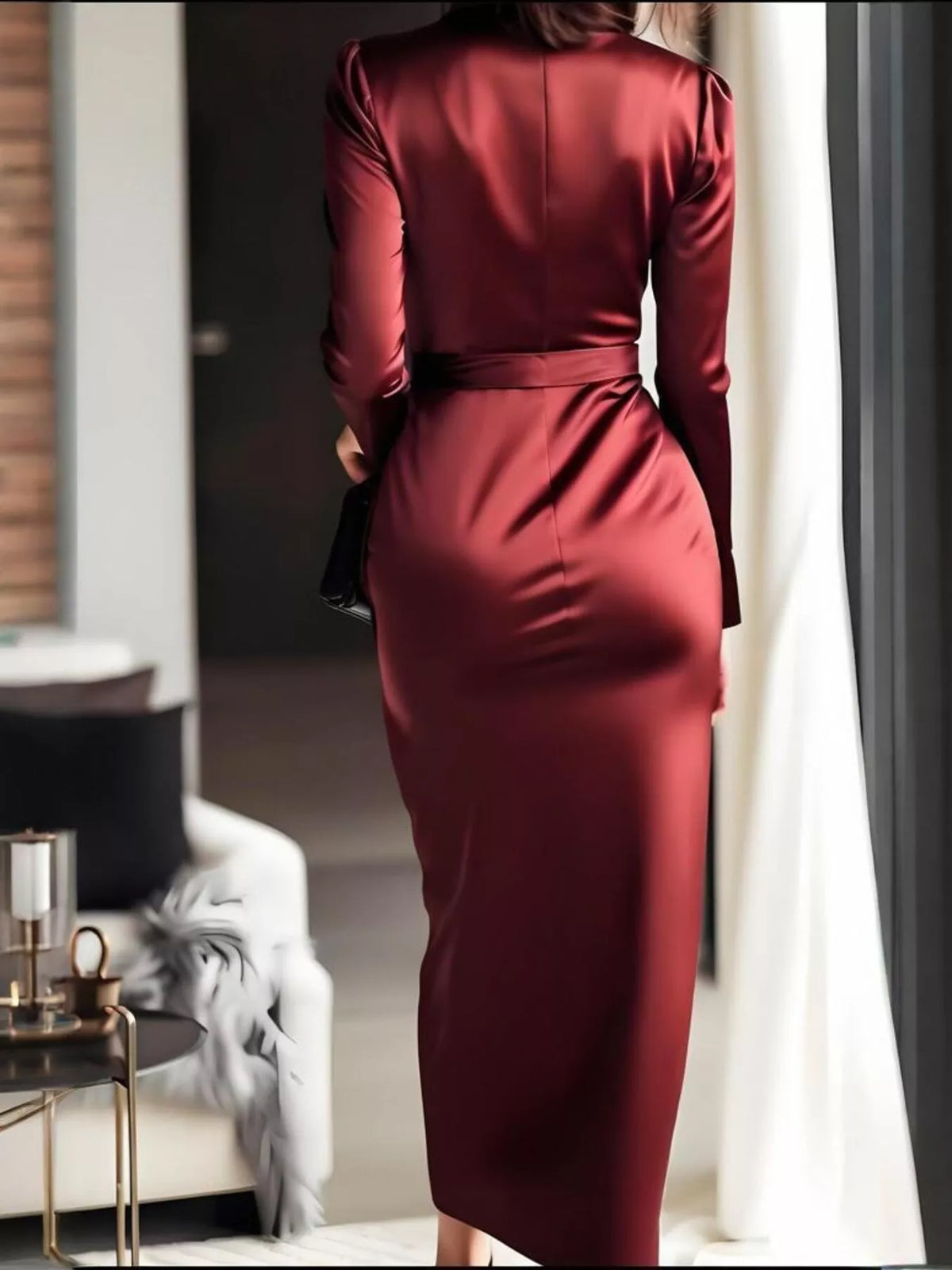 Surplice Satin Long Sleeve Dress with Belt – photo 3