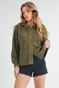 Floral Hooded Button-Up Jacket in Olive