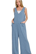 French Terry Deep V Neck Jumpsuit with Pockets in Dusty Blue