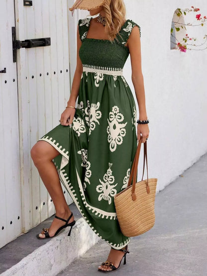 Smocked Printed Square Neck Ruffle Maxi Dress in Dark Green