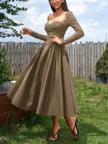 Sweetheart Neckline Long Sleeve A-Line Midi Dress – photo 8