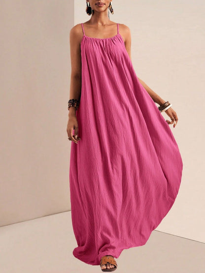 Spaghetti Strap Flowy Ruched Maxi Dress in Fuchsia Pink