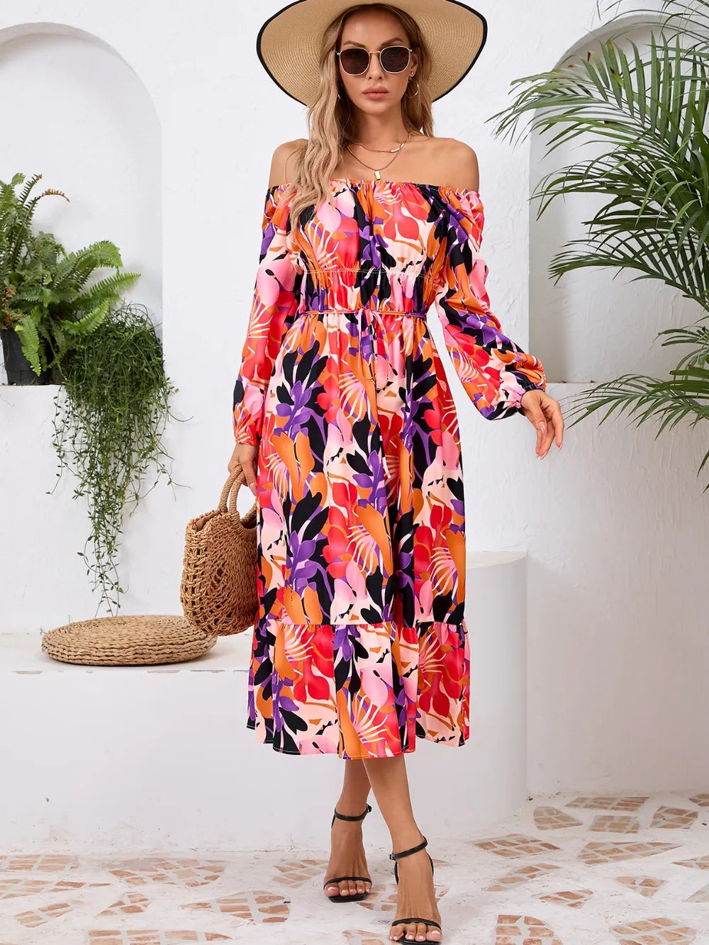 Printed Long Sleeve Midi Dress with Tie Detail in Orange-Red