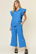 Texture Ruffle Short Sleeve Top and Drawstring Wide Leg Pants Set — Livostyle
