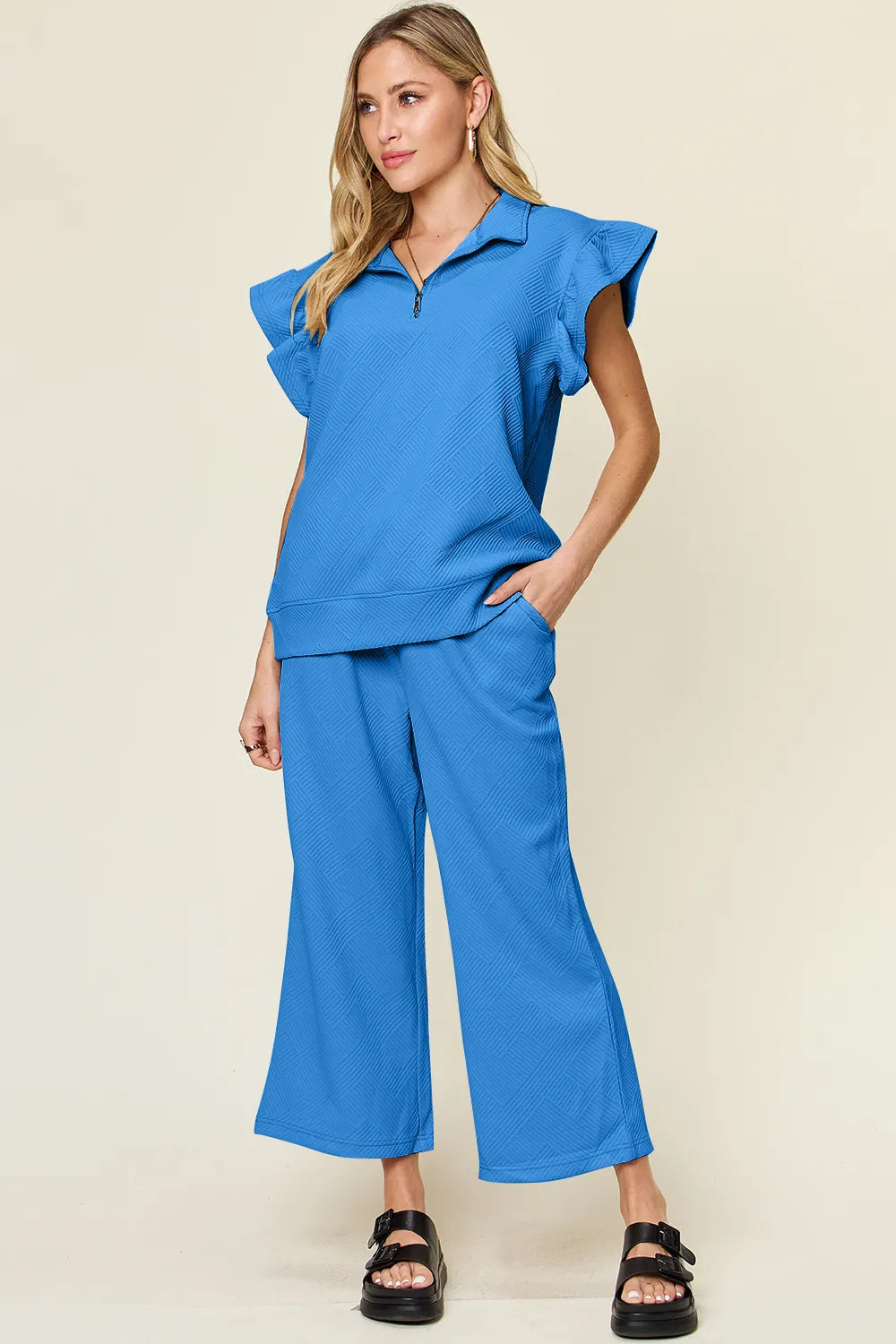 Texture Ruffle Short Sleeve Top and Drawstring Wide Leg Pants Set — Livostyle