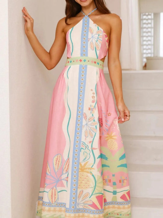 Halter Neck Printed Maxi Dress in Blush Pink