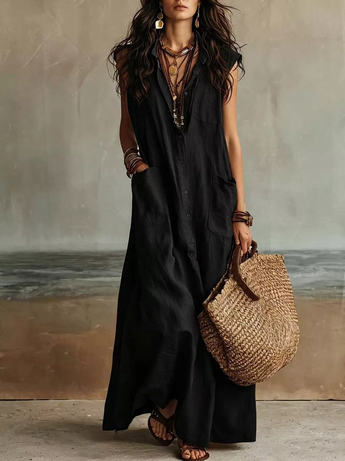 Sleeveless Button-Down Maxi Dress with Pockets in Black