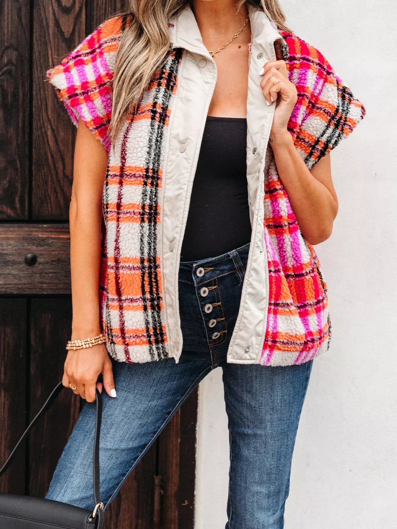 Sherpa Plaid Snap Down Vest Coat — Livostyle