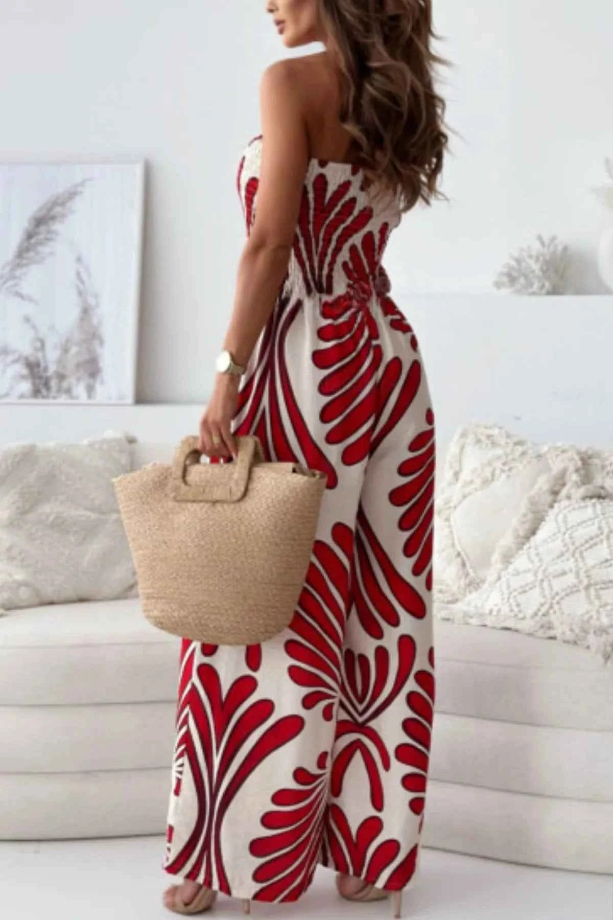 Printed Smocked Tube Wide Leg Jumpsuit
